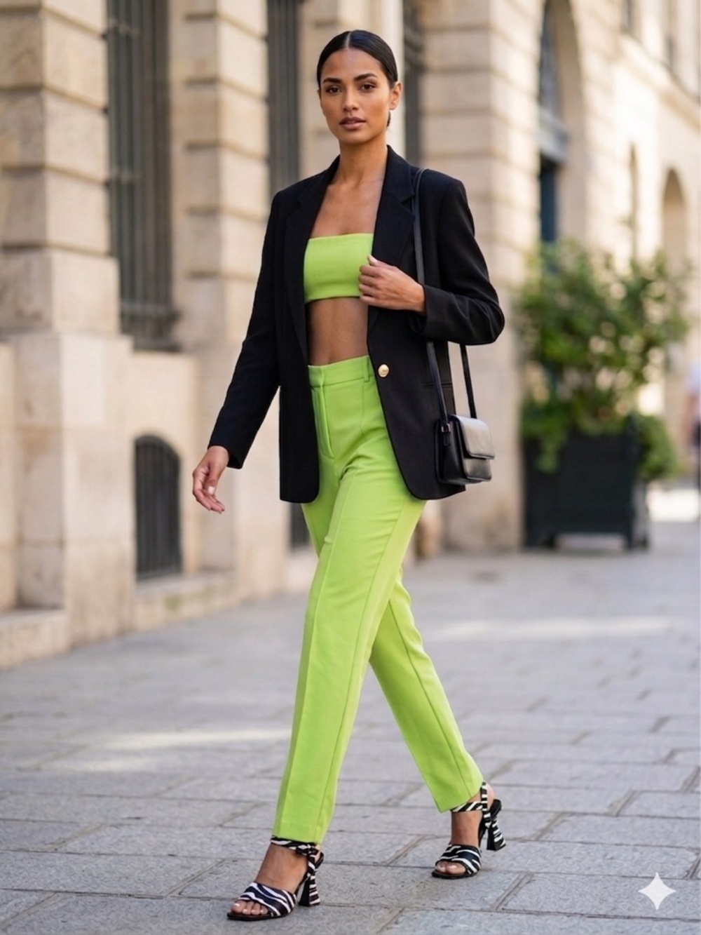Superdown Green Two-Piece Set | Strapless Micro Crop Top & High-Waisted Trousers